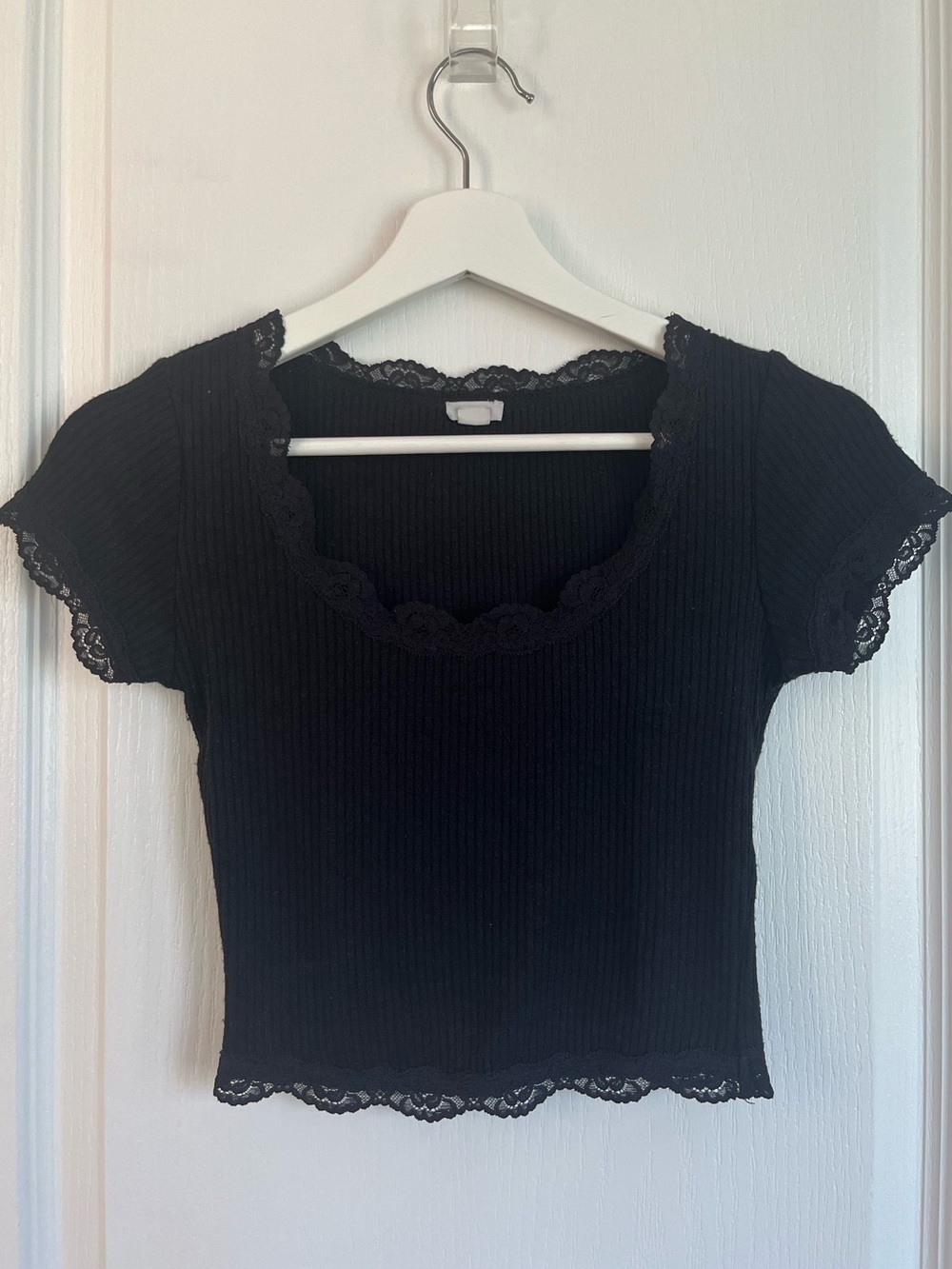 Garage Vintage Black Ribbed Lace-Trim Crop Top